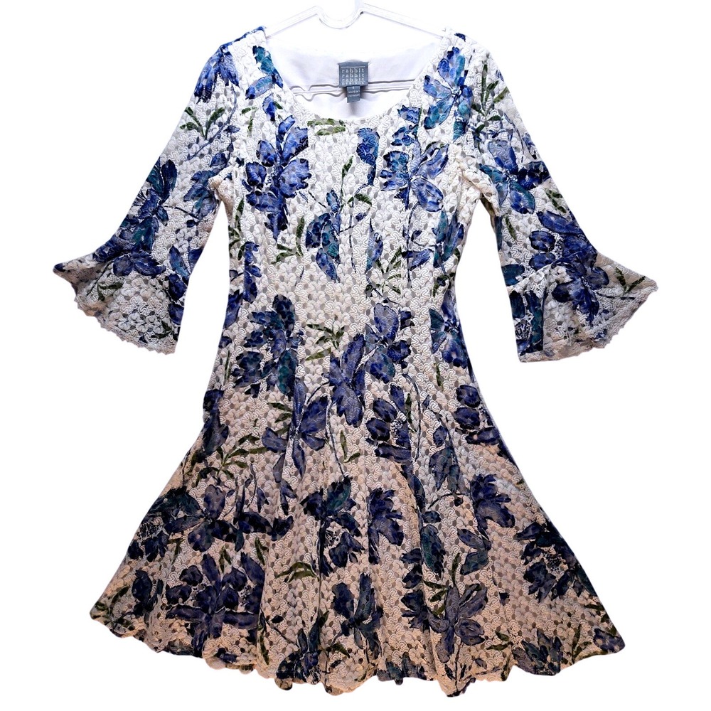 Womens Blue Floral Cottage Coquette Fit Flare‎ Midi Dress 4 Lace Garden Fairy